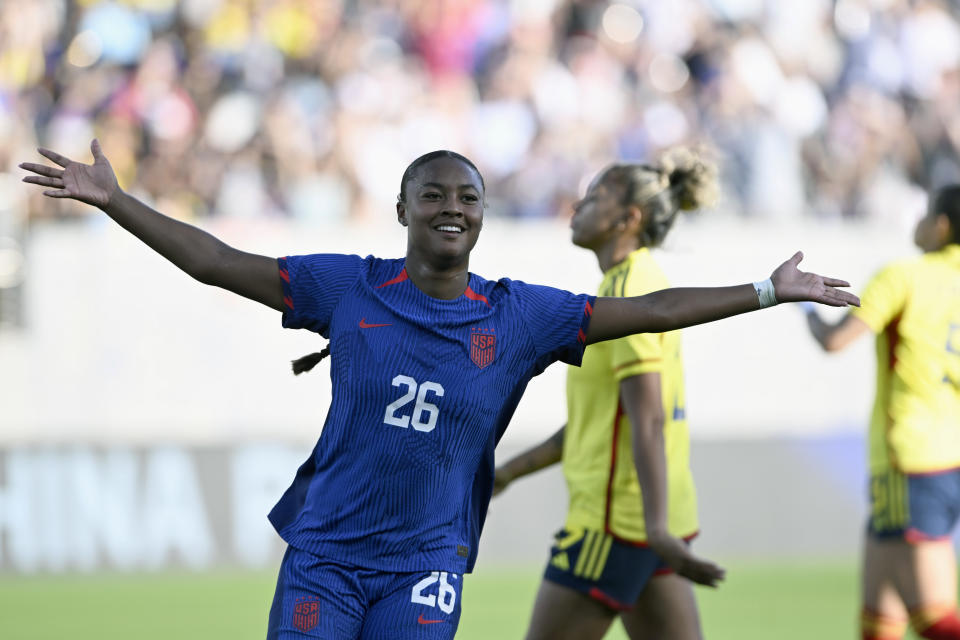 FILE - United States forward Jaedyn Shaw (26) celebrates after scoring against Colombia during the second half of an international friendly soccer match Sunday, Oct. 29, 2023, in San Diego. The National Women's Soccer League has a lot to be excited about heading into its 11th season. Shaw will play for San Diego Wave FC. (AP Photo/Alex Gallardo, File)