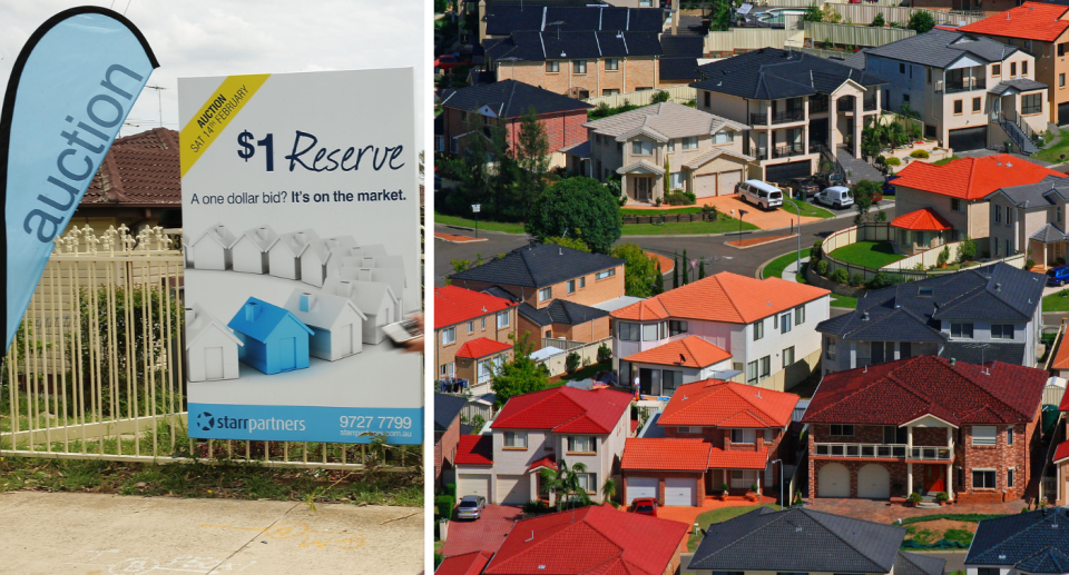 composite image of houses and an auction sign to represent Help to Buy.