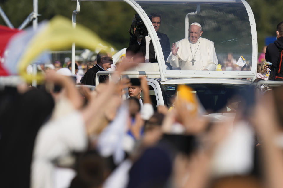 Pope Francis arrives in the esplanade of the National Shrine in Sastin, Slovakia, Wednesday, Sept. 15, 2021. Pope Francis is to hold an open air mass in Sastin, the site of an annual pilgrimage each September 15 to venerate Slovakia's patron, Our Lady of Sorrows. (AP Photo/Petr David Josek)