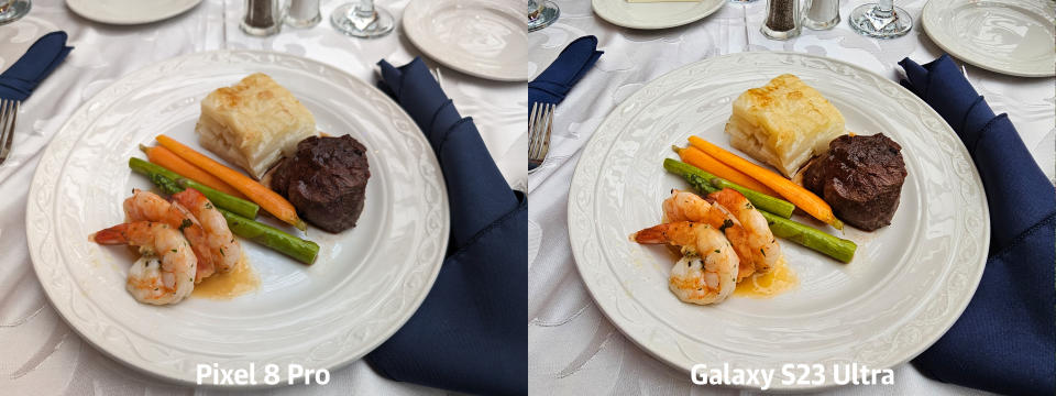 <p>While the S23 Ultra's pic features more vivid colors, it also exaggerates some things like the texture of the steak compared to the Pixel 8 Pro.</p>
