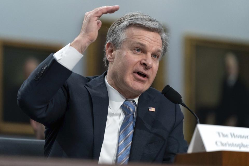 FBI Director Christopher Wray testifies before the House Appropriations subcommittee Commerce, Justice, Science, and Related Agencies budget hearing for Fiscal Year 2024, on Capitol Hill in Washington, Thursday, April 27, 2023. (AP Photo/Jose Luis Magana)