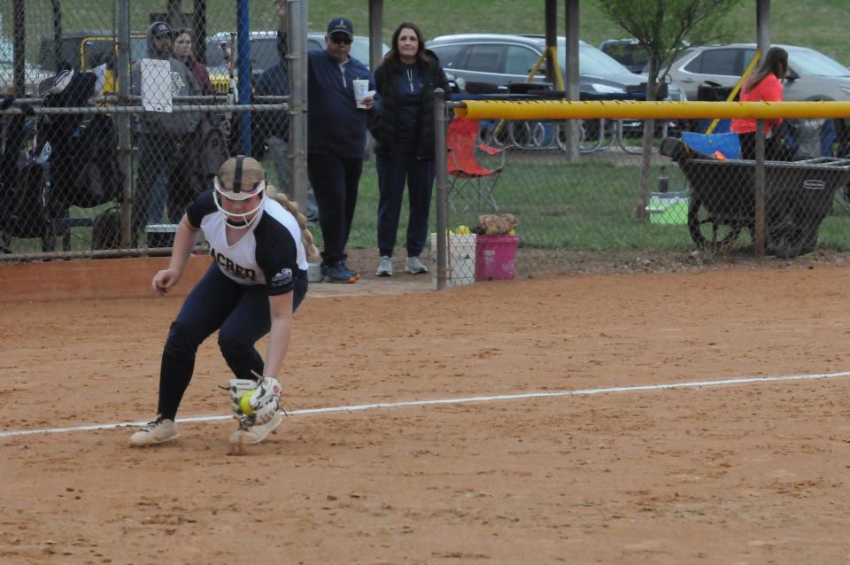 Sacred Heart's Alyssa Patterson (22) fields the ball during a doubleheader against Wichita Trinity Tuesday, May 3, 2022, at Bill Burke Park.