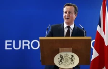 Britain's Prime Minister David Cameron addresses a news conference during a European Union leaders summit in Brussels March 20, 2015. REUTERS/Francois Lenoir