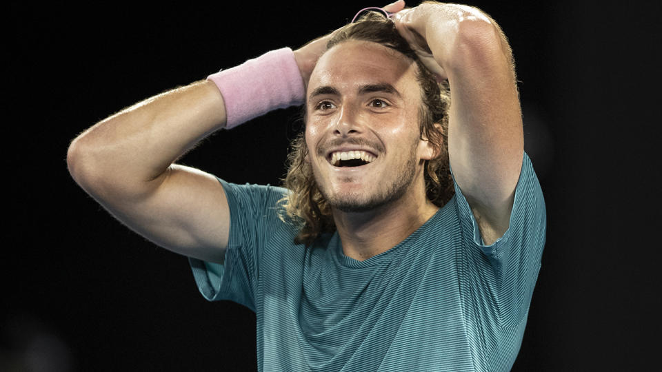 Stefanos Tsitsipas celebrates his victory. (Photo by Fred Lee/Getty Images)