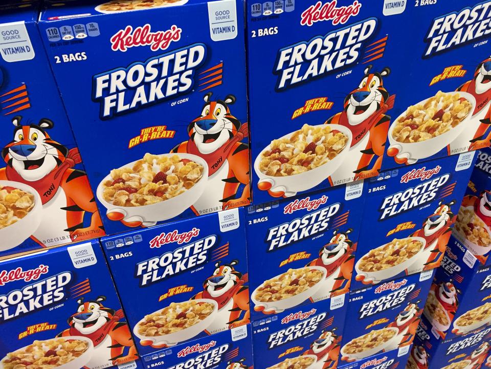 Boxes of Kellogg's Frosted Flakes cereal are seen at a store in Arlington, Virginia, December 1, 2016. Kellogg's is facing a boycott organized by the Trump-aligned Breitbart News after the cereal giant decided to pull its advertising from the website. In the latest clash over corporate marketing and politics, Breitbart called on its readers to stop buying Kellogg's products to protest the company's "act of discrimination and intense prejudice."  / AFP / SAUL LOEB        (Photo credit should read SAUL LOEB/AFP via Getty Images)