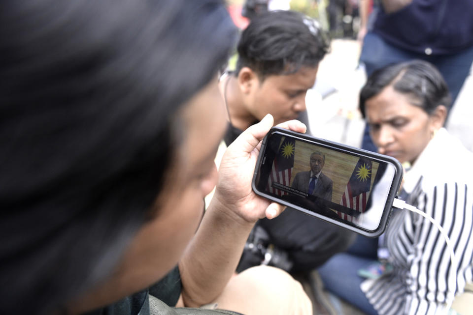 Members of media watch the live telecast of Interim Prime Minister Tun Dr Mahathir Mohammad at Istana Negara February 26, 2020. — Picture by Miera Zulyana