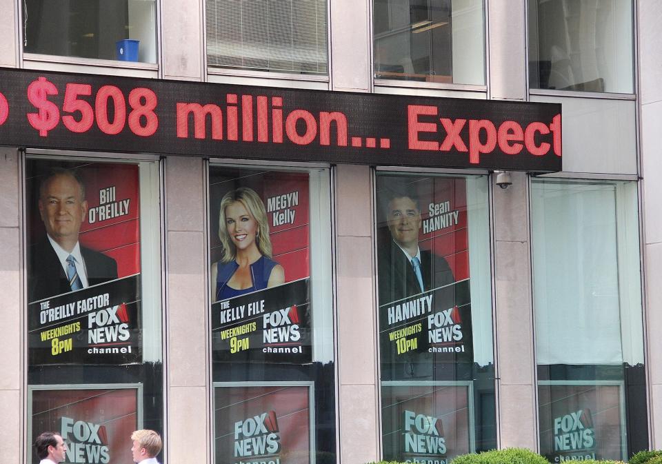 A blank poster at FOX News Headquarters following the removal of Gretchen Carlson's poster at FOX News Headquarters and the rearranging existing posters following the announcement of Gretchen Carlson's lawsuit against FOX News CEO Roger Ailes for sexual harassment in New York, New York on July 6, 2016.