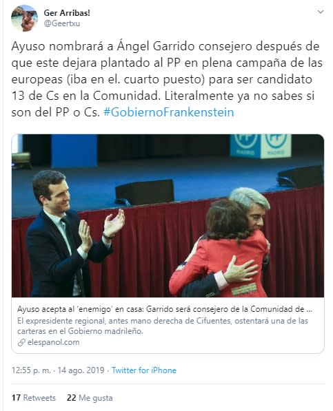 Críticas a Ángel Garrido tras irse del PP a Ciudadanos y ser ahora consejero de Díaz Ayuso