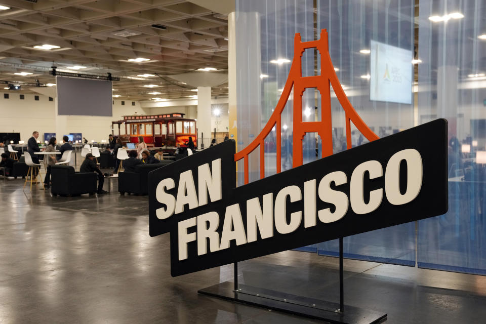 Signs welcome visitors to the APEC Summit, Monday, Nov. 13, 2023, in San Francisco. (AP Photo/Eric Risberg)