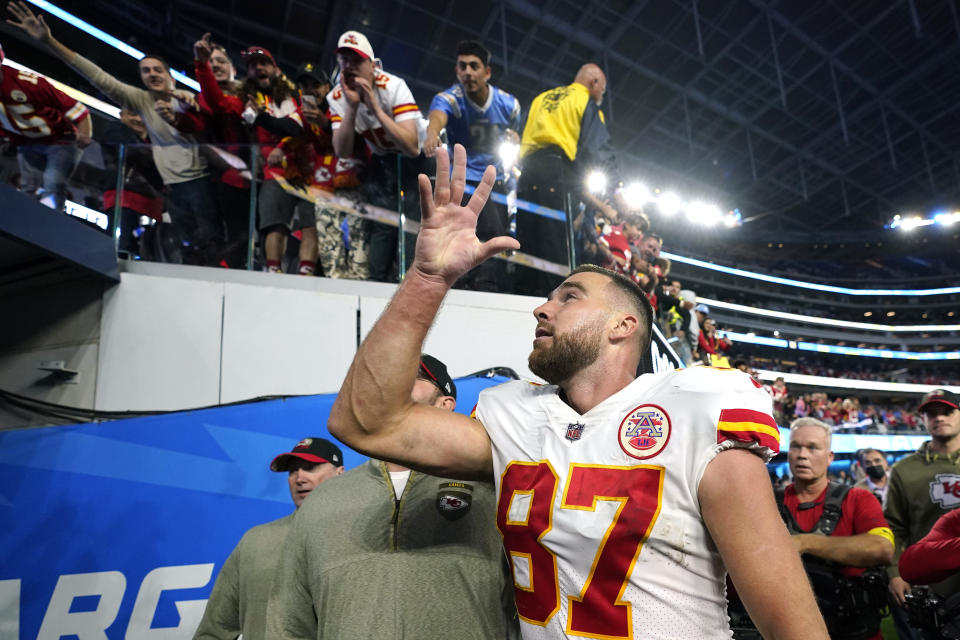 Kansas City Chiefs tight end Travis Kelce waves to fans after the Chiefs defeated the Los Angeles Chargers 30-27 in an NFL football game Sunday, Nov. 20, 2022, in Inglewood, Calif. (AP Photo/Jae C. Hong)