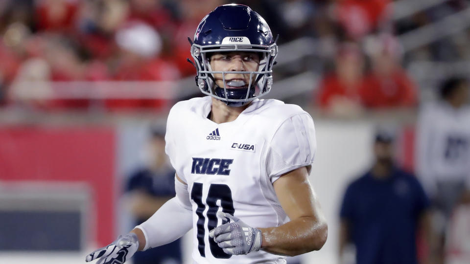FILE - Rice wide receiver Luke McCaffrey during the second half of an NCAA football game on Saturday, Sept. 24, 2022, in Houston. Rice takes on Texas State in the 1st Responder Bowl. (AP Photo/Michael Wyke, File)