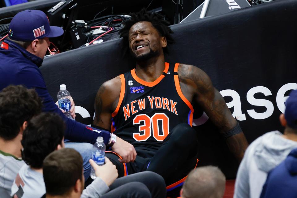 New York Knicks forward Julius Randle reacts after being fouled by Cleveland Cavaliers center Jarrett Allen during the fourth quarter of Game 2 Tuesday night at Rocket Mortgage FieldHouse. (AP Photo/Ron Schwane)