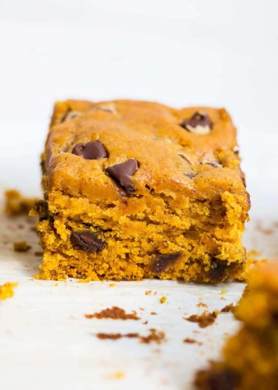 <p>I Heart Naptime</p><p>These pumpkin blondies are everything I love about fall. They are thick, chewy and soft all at the same time and have the perfect hint of pumpkin spice and chocolate in every bite! </p><p><strong>Get the recipe: <em><a href="https://www.iheartnaptime.net/pumpkin-blondies/" rel="nofollow noopener" target="_blank" data-ylk="slk:Pumpkin Blondies;elm:context_link;itc:0;sec:content-canvas" class="link ">Pumpkin Blondies</a></em></strong></p>