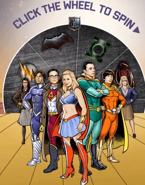 The Big Bang Theory’s Justice League promo – note Green Lantern logo, above right (credit: Warner Bros)