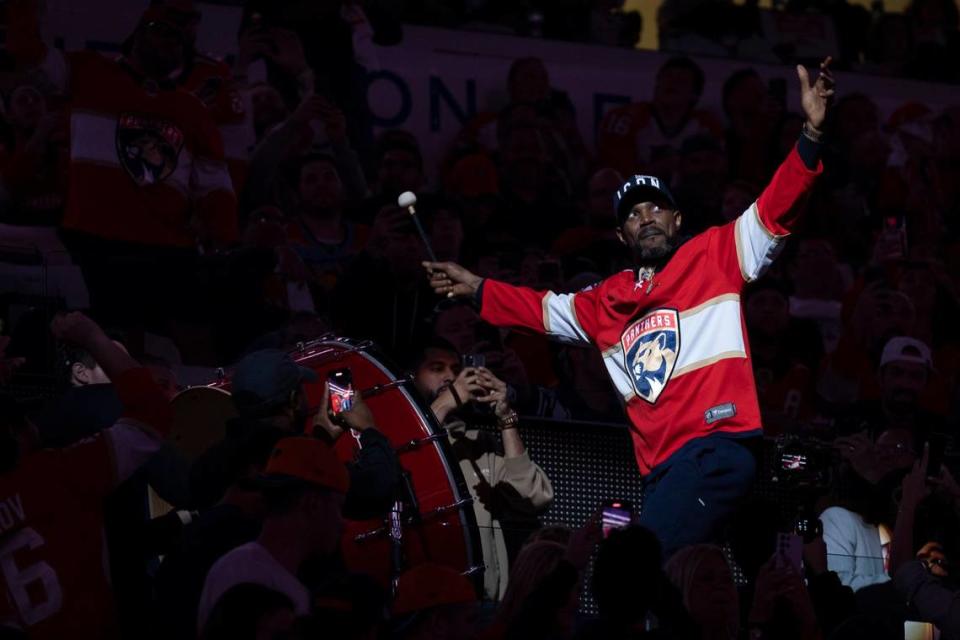 Udonis Haslem from the Miami Heat beats a drum before Game 3 of the second round of the Stanley Cup Playoffs between the Florida Panthers and the Toronto Maple Leafs on Sunday, May 7, 2023, at FLA Live Arena in Sunrise, Florida. Alie Skowronski/askowronski@miamiherald.com