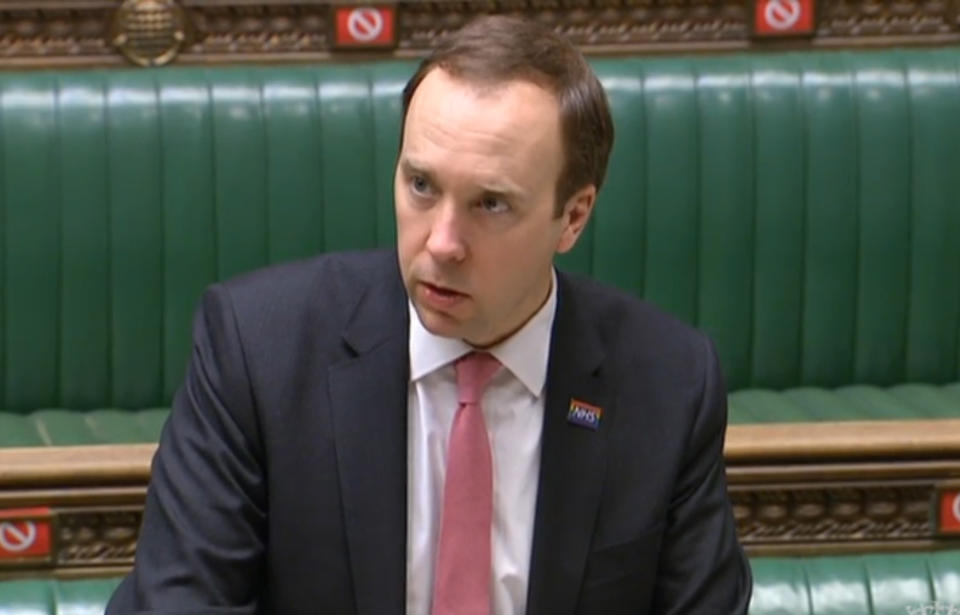 Health Secretary Matt Hancock updates MPs in the House of Commons, London, on the latest situation with the Coronavirus pandemic. Picture date: Tuesday February 9, 2021. (Photo by House of Commons/PA Images via Getty Images)