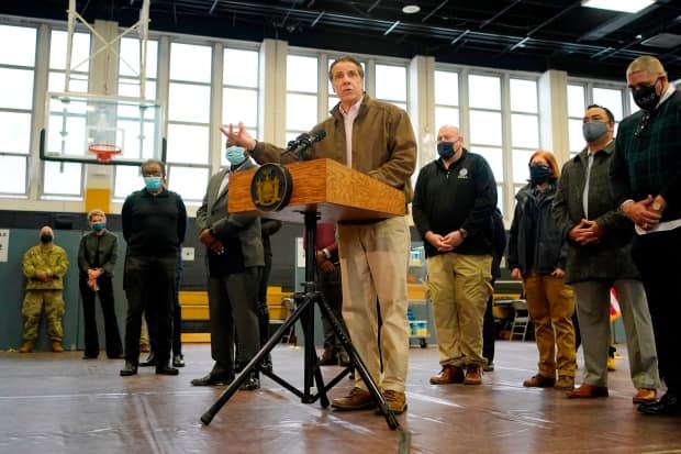 Cuomo speaks during a news conference at a vaccination site in the Brooklyn borough of New York on Feb. 22. Critics say Cuomo likes to project strength in times of crisis but is too controlling of information. 