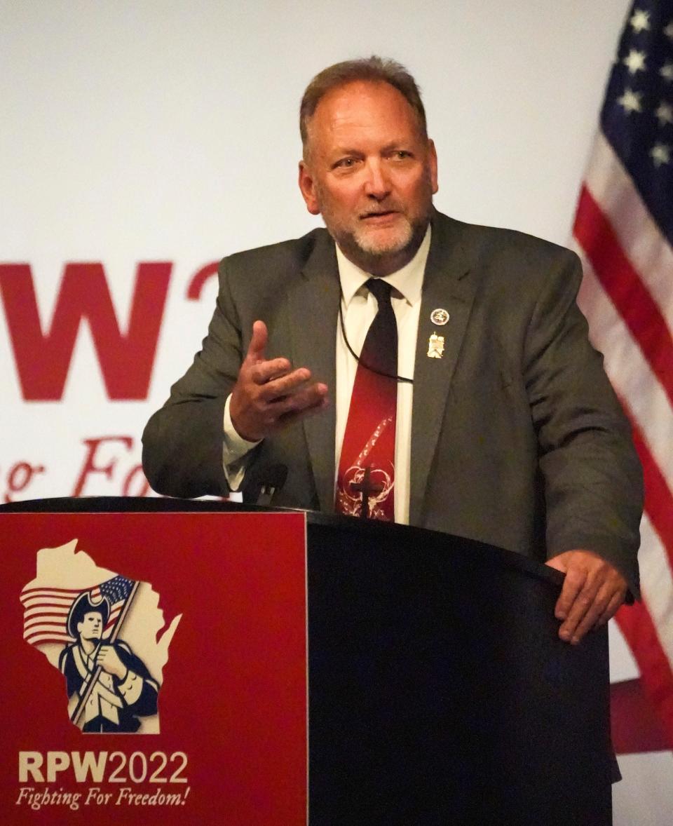 Republican gubernatorial candidate and state Rep. Tim Ramthun speaks during the state Republican Party convention in Middleton, Wis., Saturday, May 21, 2022.