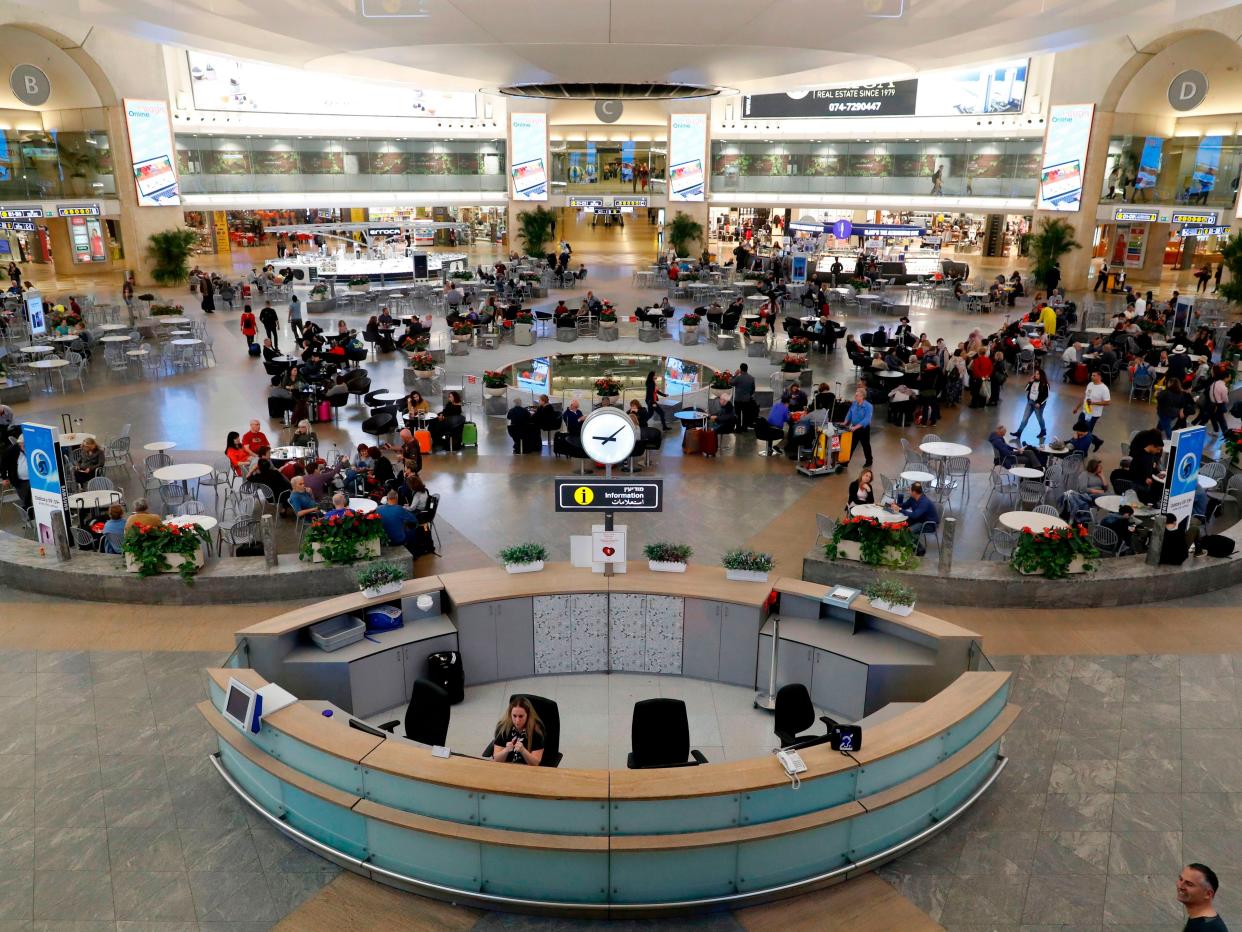 A picture taken on March 22, 2018 shows an overhead view of the departure hall in Ben Gurion International Airport