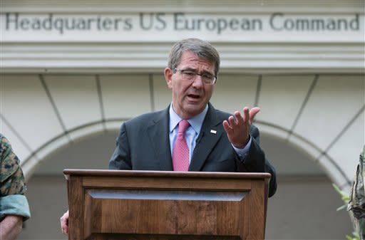 US Secretary of Defense Ashton Carter speaks during a press conference held after the change in command at the United States European Command (EUCOM), at the Patch Barracks in Stuttgart, Germany, Tuesday, May 3, 2016. (Marijan Murat/dpa via AP)