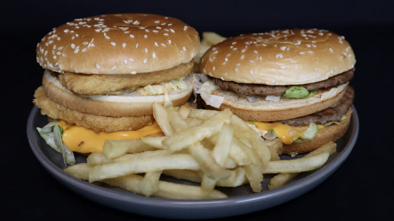 Big Mac and Chicken Big Mac on plate with fries