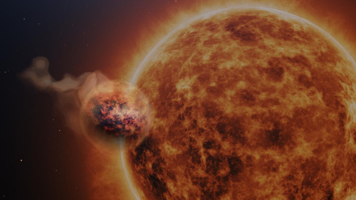  Illustration of an orangey and large star with a planet in the front. steam appears to emanate from the planet, indicating how close it is to the sun. the planet's atmosphere is sandy. 