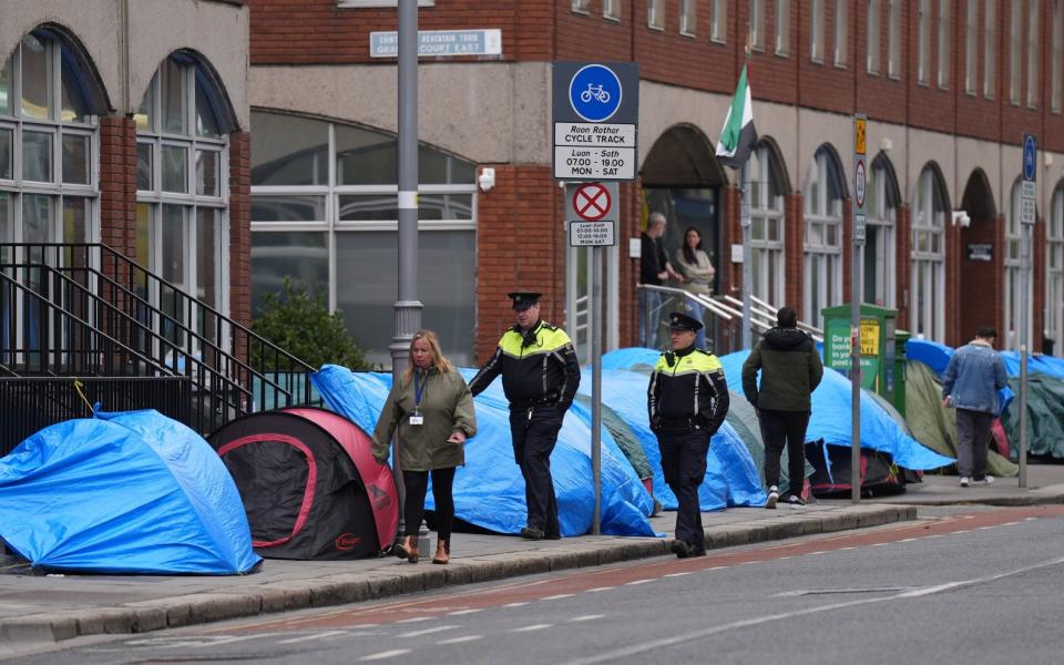 Tents housing asylum seekers near the International Protection Office in Dublin