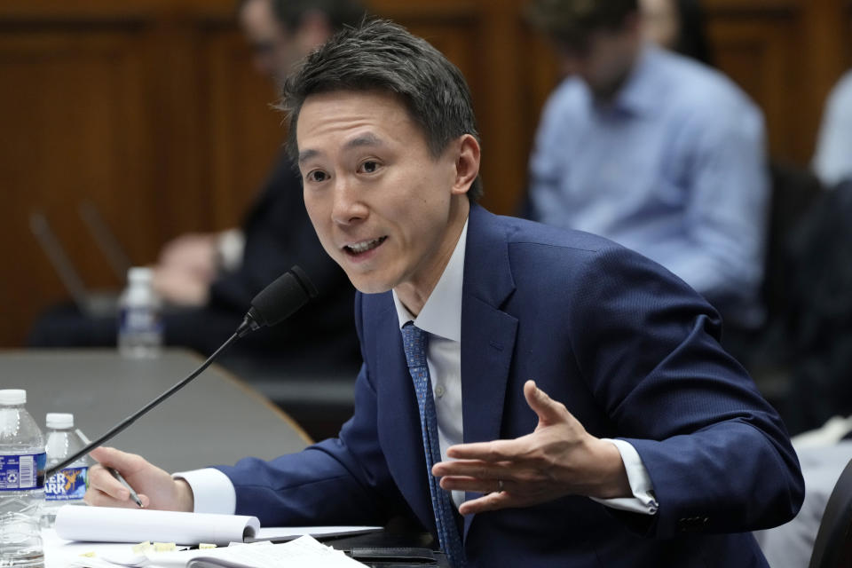 TikTok CEO Shou Zi Chew testifies during a hearing of the House Energy and Commerce Committee, on the platform's consumer privacy and data security practices and impact on children, Thursday, March 23, 2023, on Capitol Hill in Washington. (AP Photo/Jacquelyn Martin)