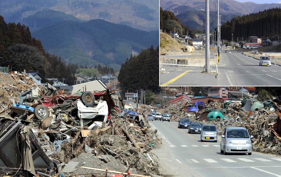 This combination of pictures shows a tsunami hit area of Rikuzentakata, Iwate prefecture on March 22, 2011 (top) and the same area on January 15, 2012 (bottom). March 11, 2012 will mark the first anniversary of the massive tsunami that pummelled Japan, claiming more than 19,000 lives. AFP PHOTO / NICOLAS ASFOURI (top) AFP PHOTO / TORU YAMANAKA