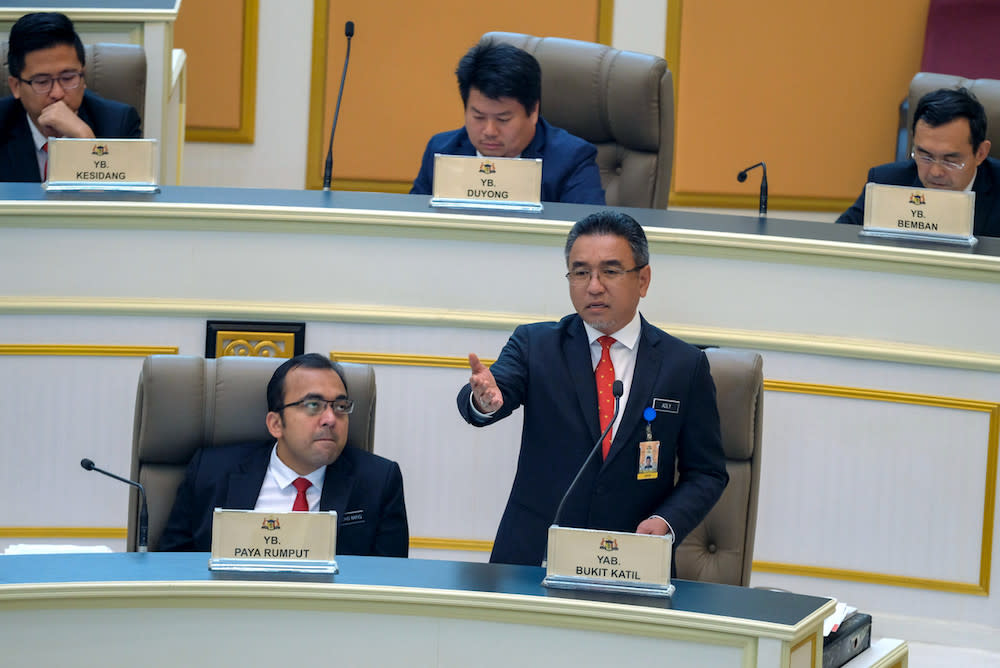 Chief Minister Adly Zahari addresses the Melaka state assembly November 26, 2019. — Bernama pic