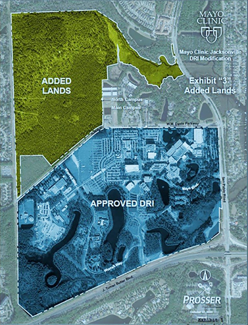 The Mayo Clinic in Jacksonville is expanding its Southside campus, adding 210 acres on the northwest border of the property. The land is to be developed for medical and related residential and hotel uses. [Provided by City of Jacksonville]