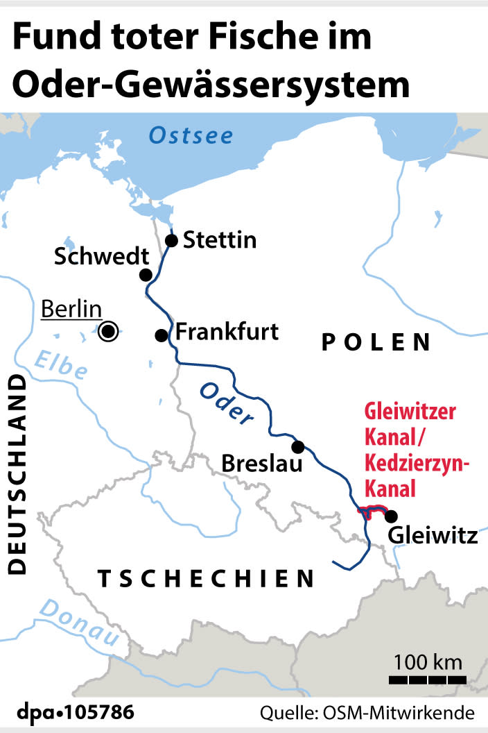 Tote Fische im Oder-Gewässersystem: Verortung der beiden Kanäle. (Grafik: A. Brühl, Redaktion: B. Schaller)