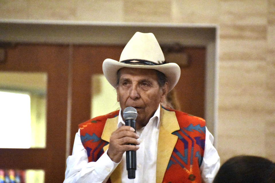 Donovan Archambault, from the Fort Belknap Indian Reservation, speaks about abuses he suffered at government-sponsored Native American boarding schools, during a U.S. Department of Interior event at Montana State University, Sunday, Nov. 5, 2023, in Bozeman, Mont. The Interior Department says more than 400 of the abusive, government-backed schools operated across the U.S. (AP Photo/Matthew Brown)