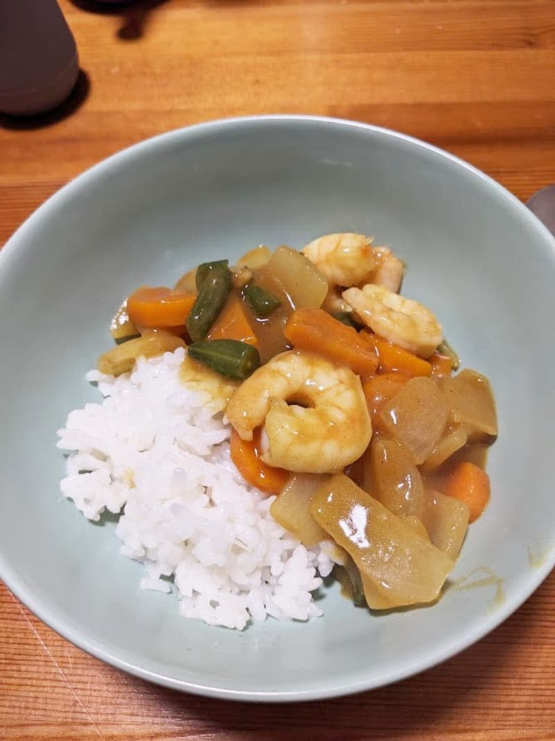 small bowl with rice, shrimp, and stir fry vegetables