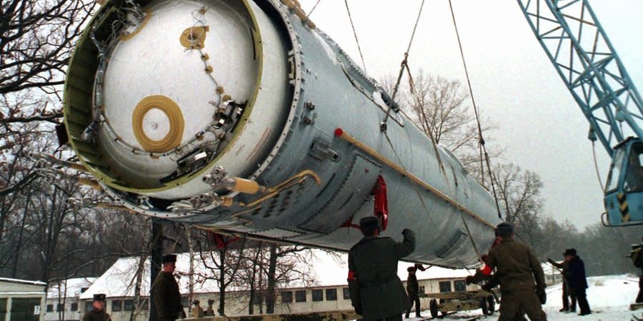 Preparation of the SS-19 ballistic missile for dismantling at the base in Vakulenchuk, Zhytomyr region