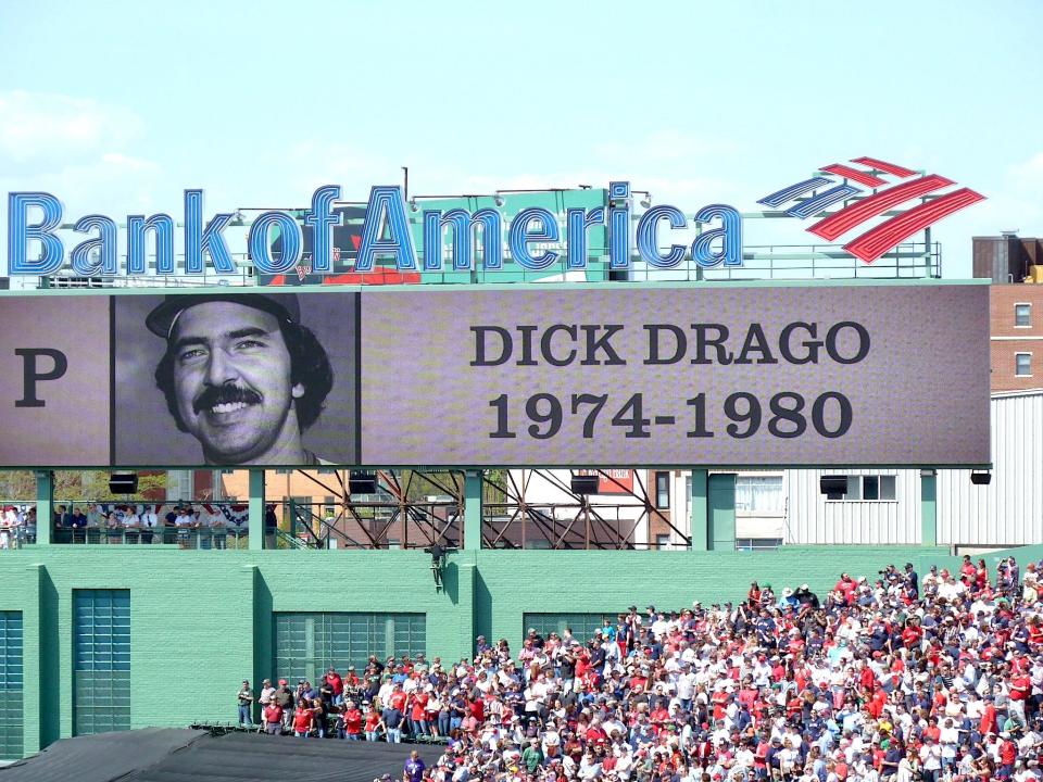 Drago is introduced to a capacity crowd at the commemoration of the 100th anniversary of Fenway Park in 2012.