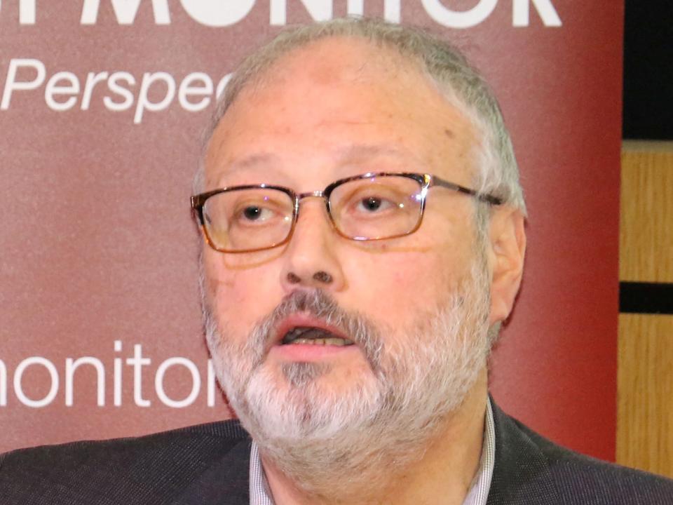 FILE PHOTO: Saudi dissident Jamal Khashoggi speaks at an event hosted by Middle East Monitor in London, Britain, September 29, 2018. Middle East Monitor/Handout via REUTERS