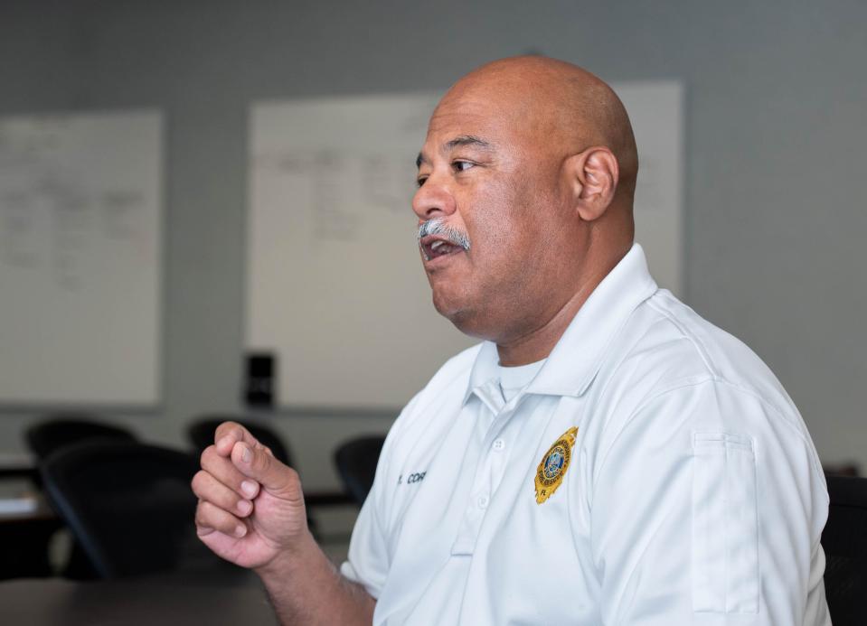 Escambia County Fire Rescue's Assistant District Fire Chief Yoshimi Core talks about his career and being named the 2022 Volunteer Fire Officer of the Year by the Florida Fire Chiefs' Association during an interview at the Escambia County Public Safety building in Pensacola on Wednesday, Jan. 11, 2023.