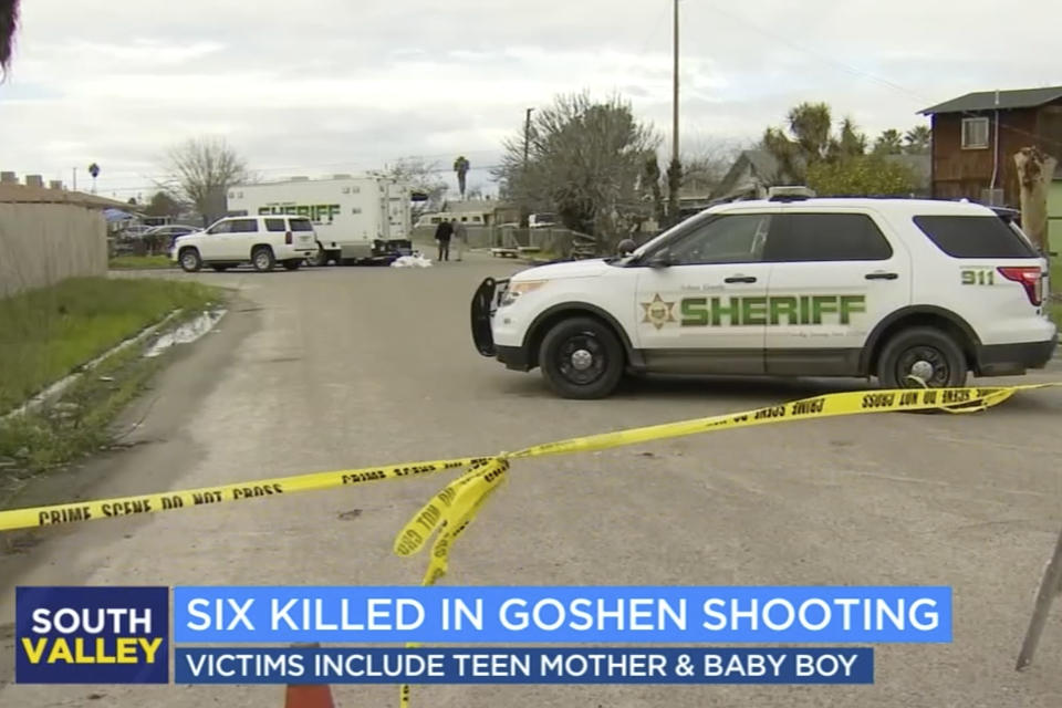In this image from video provided by ABC30 Action News, investigators work outside a home where six people were killed in Goshen, Calif., Monday, Jan. 16, 2023. Authorities are searching for at least two suspects who shot and killed six people including a 17-year-old mother and her 6-month-old baby in what the local sheriff called a "horrific massacre" related to drugs and gangs. (ABC30 Action News)