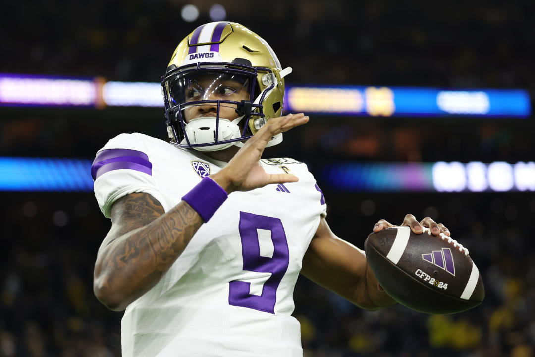 HOUSTON, TEXAS - JANUARY 8: Michael Penix Jr. #9 of the Washington Huskies warms up prior to the CFP National Championship game at NRG Stadium on January 8, 2024 in Houston, Texas. (Photo by CFP/Getty Images)