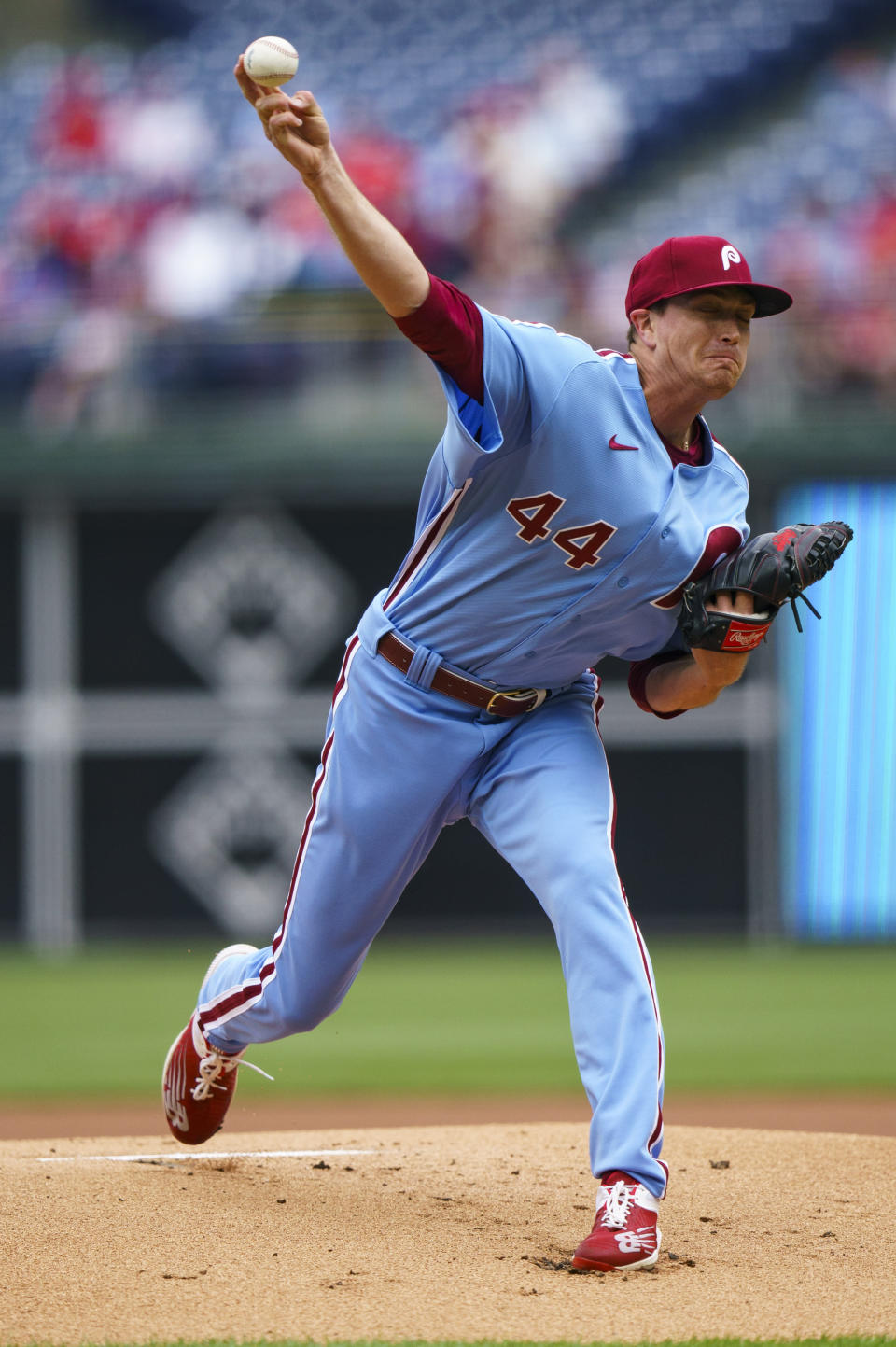 Philadelphia Phillies starting pitcher Kyle Gibson throws during the first inning of a baseball game against the San Diego Padres, Thursday, May 19, 2022, in Philadelphia. (AP Photo/Chris Szagola)