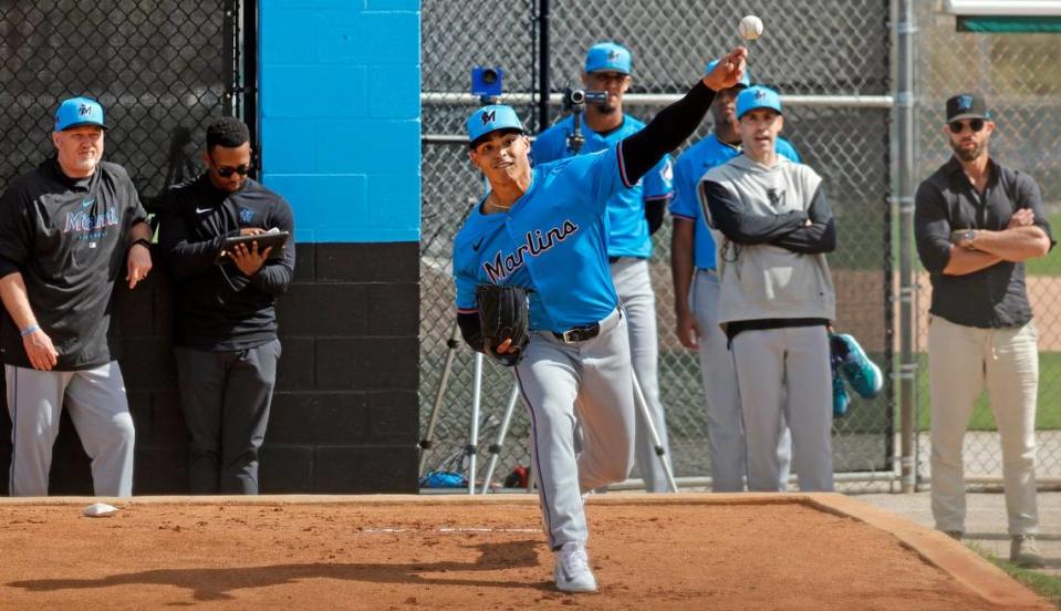 Miami Marlins Jesus Luzardo (44) pitches during Miami Marlins pitchers and catchers spring training workout at Roger Dean Chevrolet Stadium in Jupiter, Florida on Thursday, February 15, 2024.