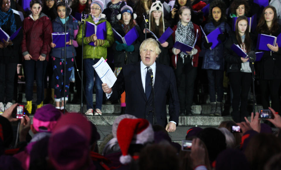 London Mayor Boris Johnson speaks at a Christmas carol concert held in Trafalgar Square to thank the London Olympic 2012 volunteers.