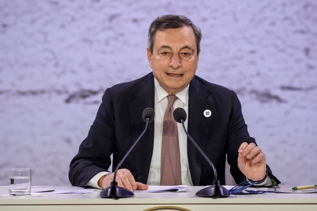 ROME, ITALY - OCTOBER 31: Italian Prime Minister Mario Draghi attends the Italian presidency press conference on the second day of the Rome G20 Summit, on October 31, 2021 in Rome, Italy. The G20 (or Group of Twenty) is an intergovernmental forum comprising 19 countries plus the European Union. It was founded in 1999 in response to several world economic crises. Italy currently holds the Presidency of the G20 and this year's summit will focus on three broad, interconnected pillars of action: People, Planet, Prosperity. (Photo by Antonio Masiello/Getty Images) (Photo: Antonio Masiello via Getty Images)