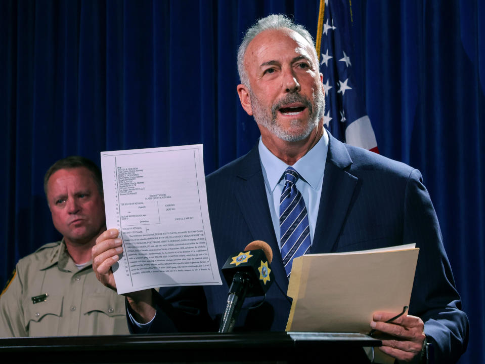 Clark County District Attorney Steve Wolfson holds up an indictment for Duane “Keefe D” Davis during a news conference at the Las Vegas Metropolitan Police Department headquarters to brief media members on Davis’ arrest and indictment for the 1996 murder of Tupac Shakur on September 29, 2023 in Las Vegas, Nevada. A Nevada grand jury indicted Davis on one count of murder with a deadly weapon in the fatal drive-by shooting of rapper Tupac Shakur.