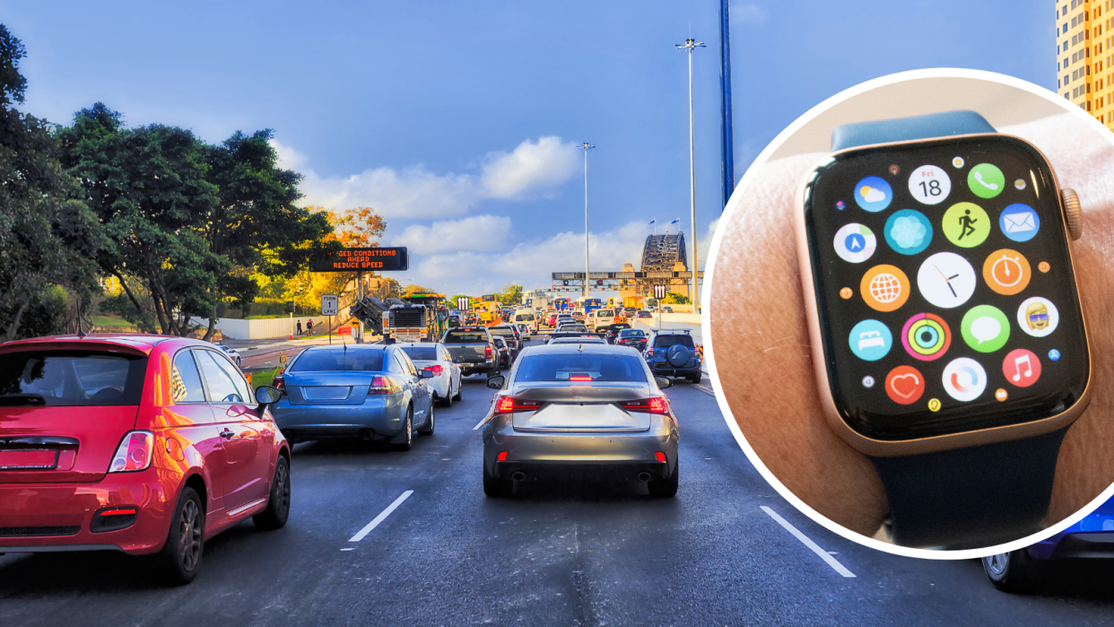 Cars in traffic Sydney and Apple watch