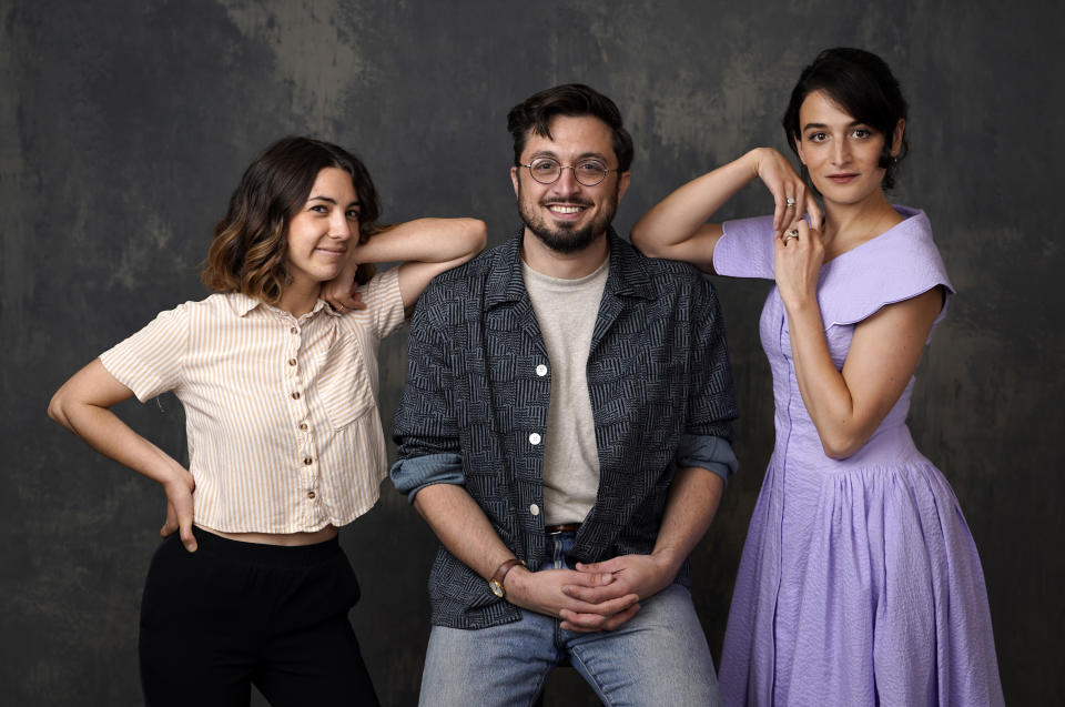 Animation director Kirsten Lepore, left, director/co-writer Dean Fleischer-Camp, center, and voice actor/co-writer Jenny Slate pose for a portrait at the Four Seasons Hotel in Los Angeles to promote their film "Marcel the Shell with Shoes On," on June 21, 2022. The film opens on Friday. (AP Photo/Chris Pizzello)