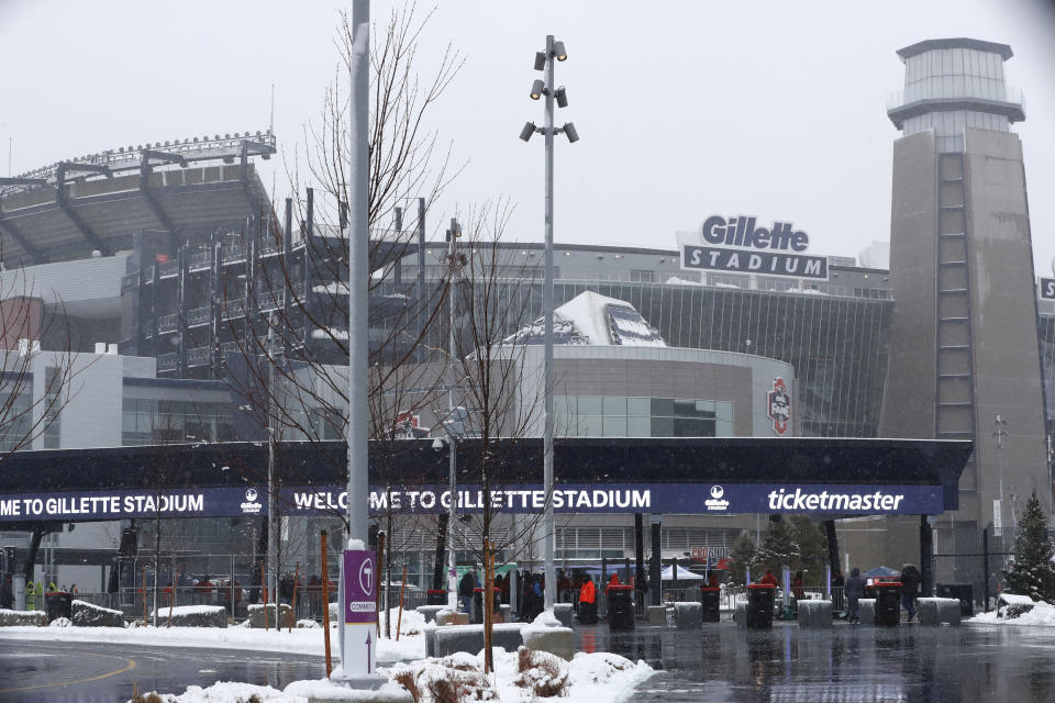 Gillette Stadium prior to an NFL football game, Sunday, Jan. 7, 2024, in Foxborough, Mass. The 2026 World Cup final will be played at MetLife Stadium in East Rutherford, N.J., on July 19. FIFA made the announcement Sunday, Feb. 4, 2024, at a Miami television studio, allocating the opener of the 39-day tournament to Mexico City’s Estadio Azteca on June 11. Quarterfinals will be at Gillette Stadium in Foxborough, Mass., on July 9, at SoFi Stadium in Inglewood, Calif., the following day and at Arrowhead Stadium in Kansas City, Mo., and Hard Rock Stadium in Miami Gardens, Fla., on July 11. (AP Photo/Steven Senne)