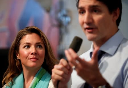 Liberal leader and Canadian Prime Minister Justin Trudeau and his wife Sophie Gregoire Trudeau visit a Royal Canadian Legion as he campaigns for the upcoming election, in Greenfield Park