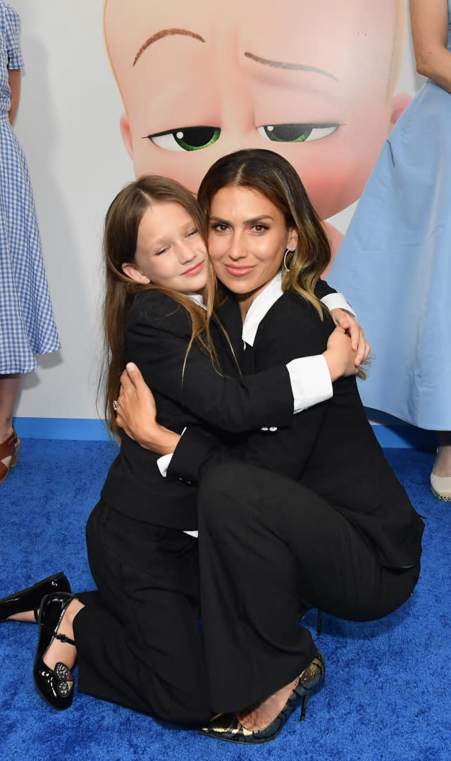 Hilaria Baldwin (R) and daughter Carmen Gabriela Baldwin attend DreamWorks Animation’s “The Boss Baby: Family Business” premiere at SVA Theatre on June 22, 2021 in New York City. <em>Photo by Angela Weiss / AFP) (Photo by ANGELA WEISS/AFP via Getty Images.</em>